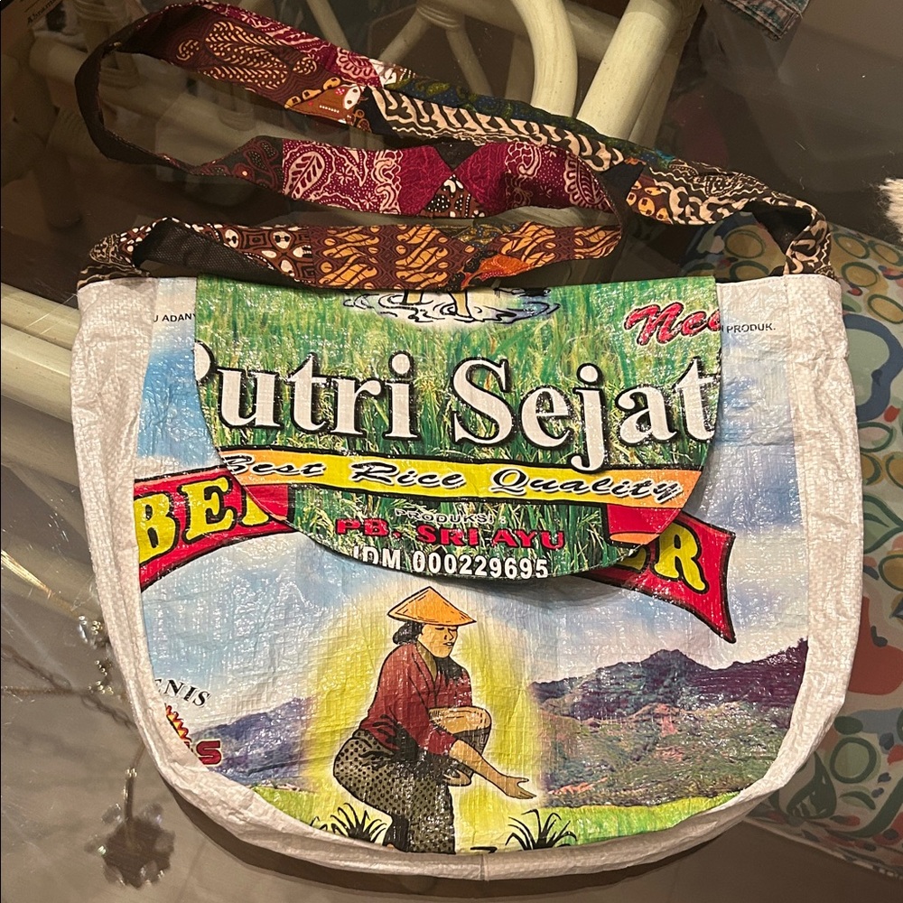 Upcycled Rice Bag Crossbody Unique Multicolor Tote Bag